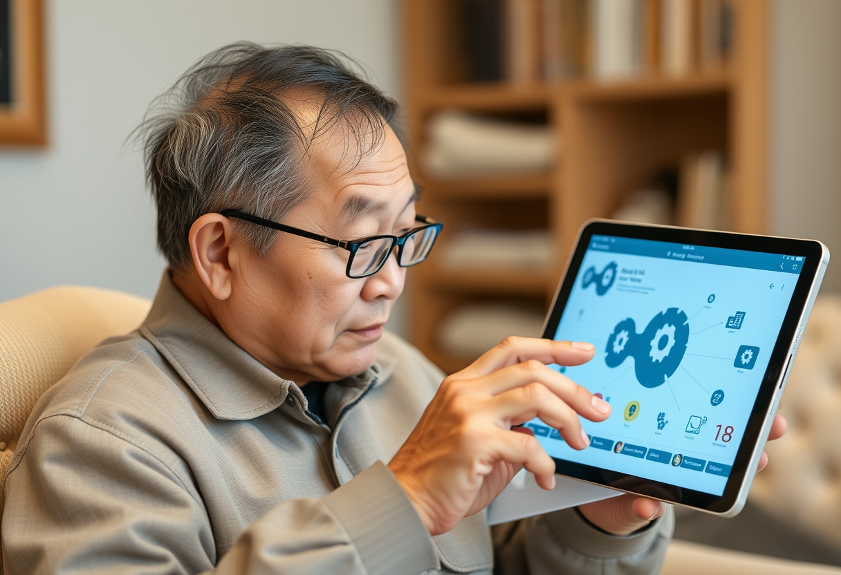 Screen, who is using a Korean grandfather, is using an AI economy service through an iPad. - Image