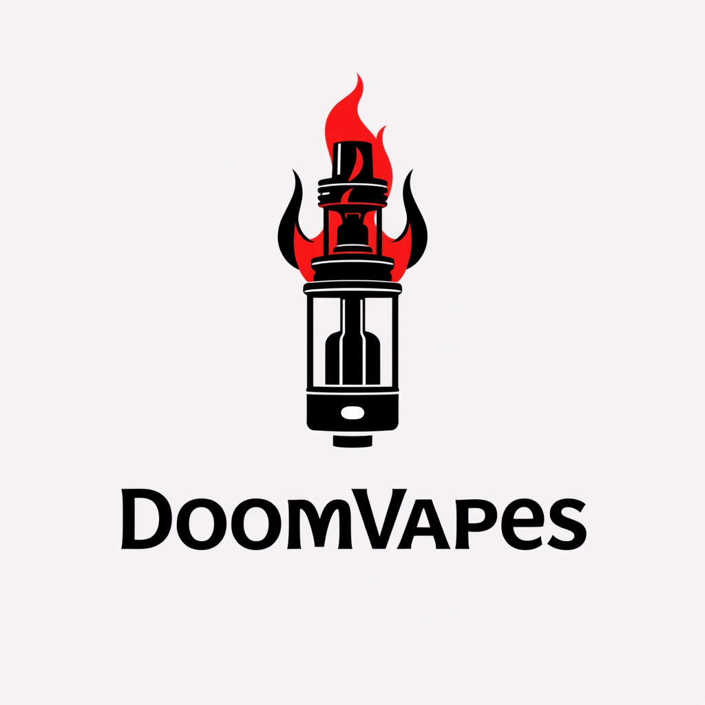 Sleek, minimalist logo design for DoomVapes featuring a stylized vape tank engulfed in ethereal, crimson flames. Infernal aesthetics blend with modern simplicity. Geometric shapes evoke demonic symbolism. Bold, sans-serif typography in obsidian black. Balanced composition with negative space suggesting otherworldly vapors. - Image