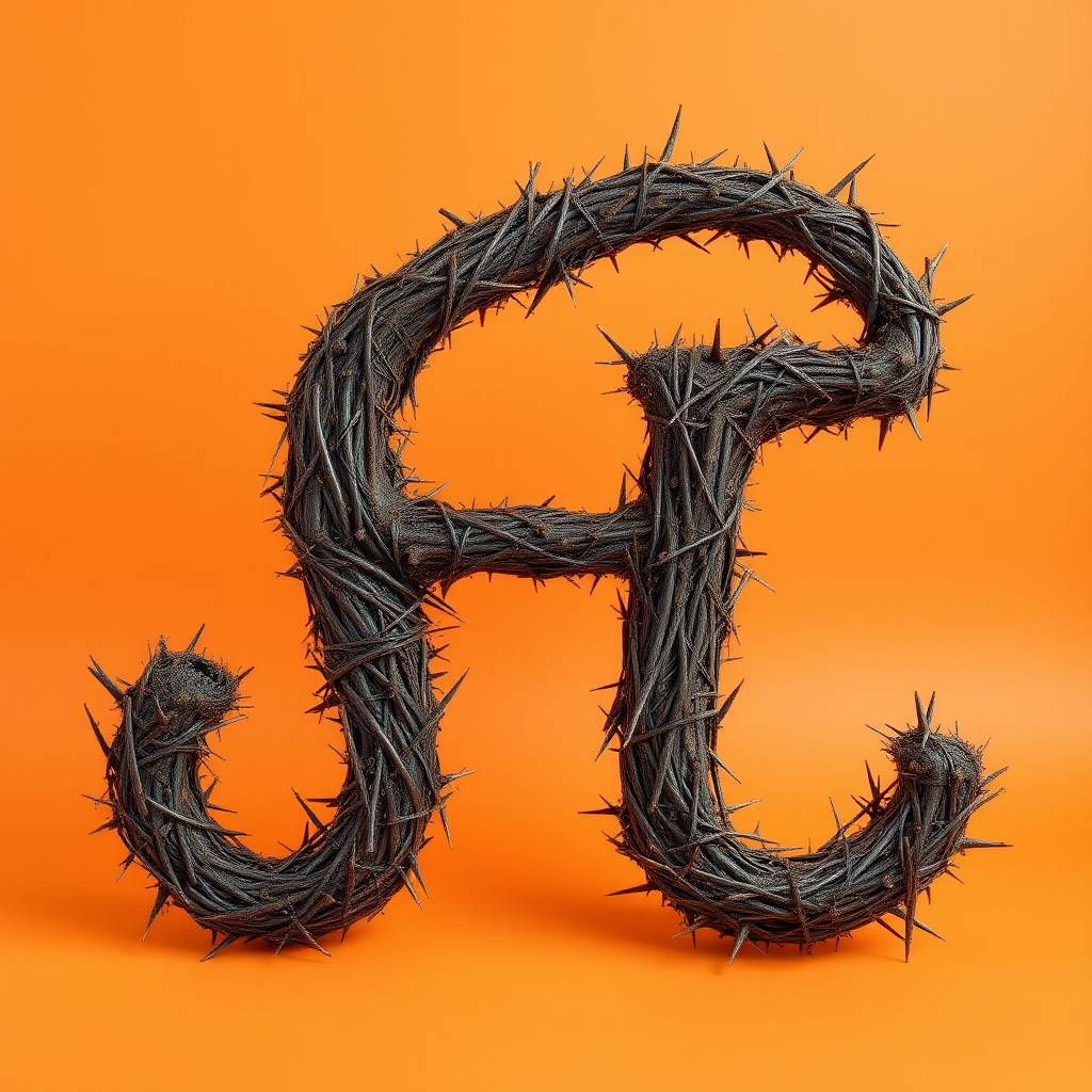 A big letter "E" made of thorns in an orange background, realistic photograph.