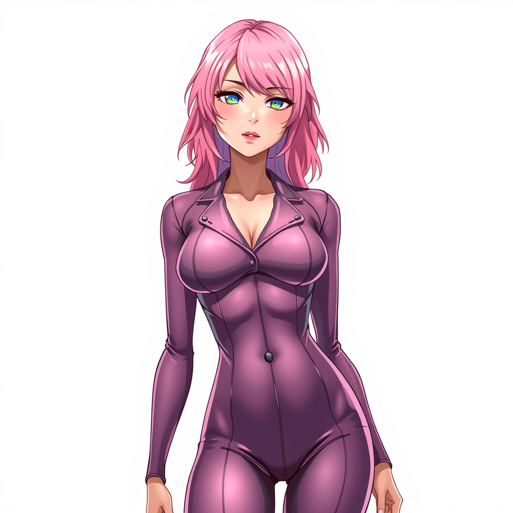 Anime art of a motherly woman, pink hair, tight body suit, reflection on the suit, detailed body, standing, white background, stunning details, trending on ArtStation, anime artwork, anime cel shading. - Image