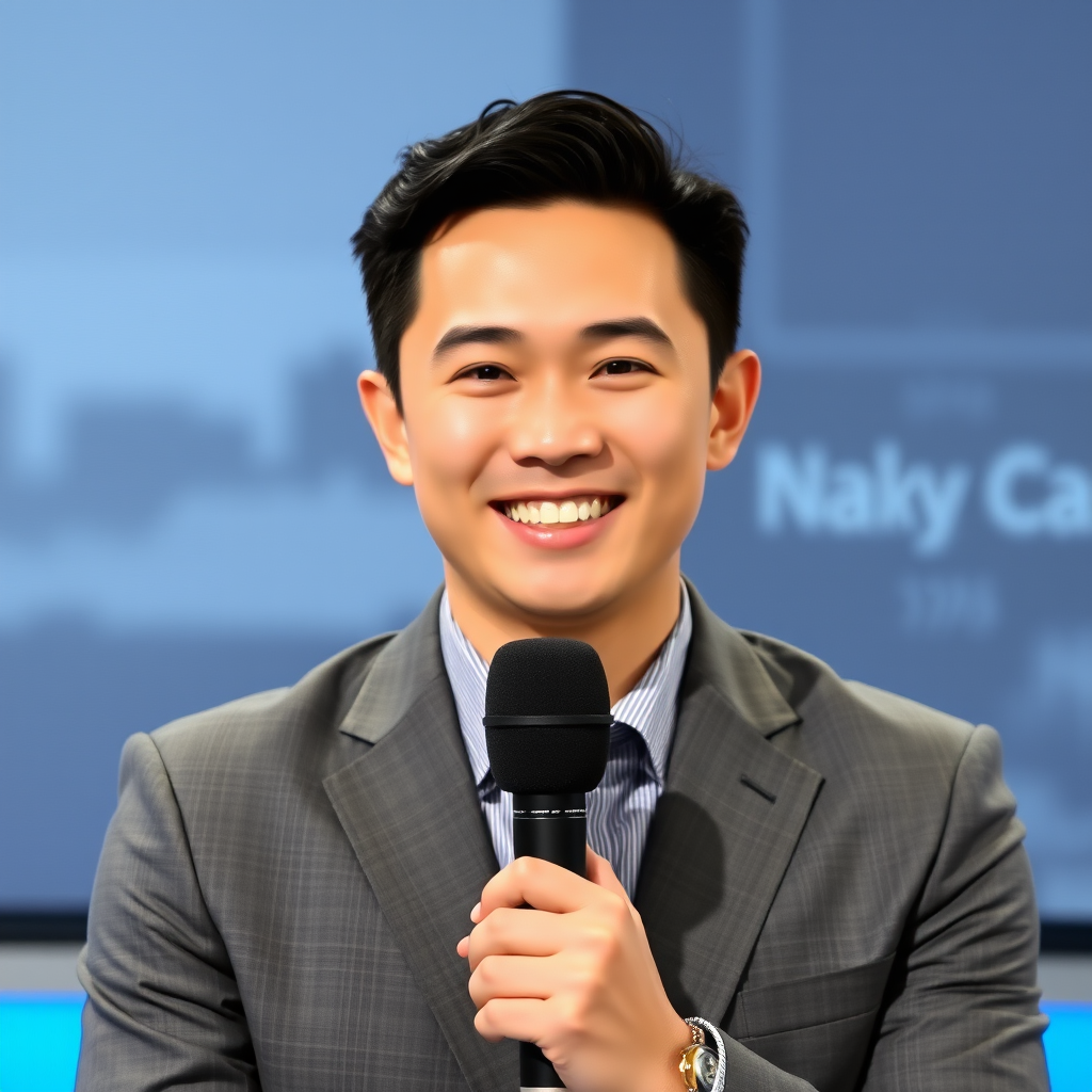 Photo style, handsome, cute, Asian man, news anchor, gray suit, short hair, smiling, showing teeth, holding microphone, facing the camera. - Image