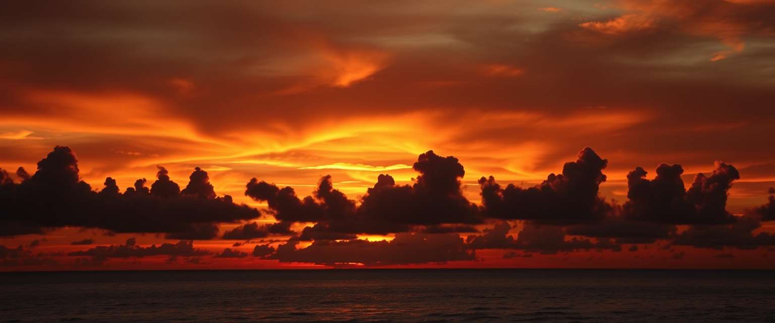 Dramatic, fiery sunset, clouds, silhouettes, high quality, photorealistic, evening sky, reflection, serene, seashells. - Image