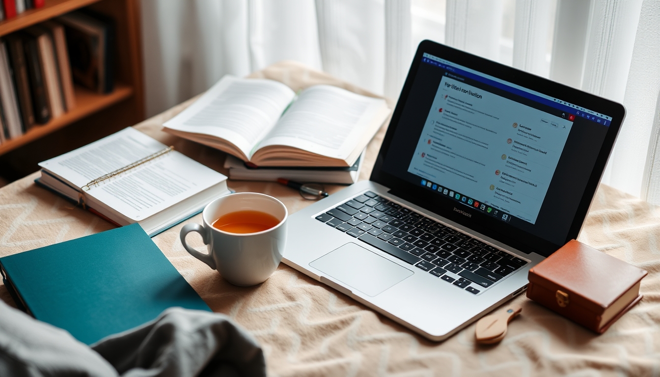 A cozy home study setup with a laptop, textbooks, and a cup of tea, emphasizing the comfort and flexibility of online education.