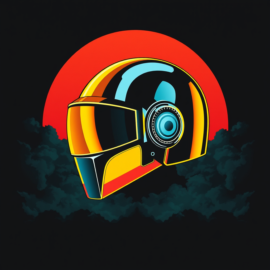 Daft Punk helmet with a large visor looking to the left, vector art style for a poster or T-shirt, featuring a large sun-like circle yellow and red in the background, layered with dark grey clouds and tetradic color. The design includes black canvas, dark teal accents, and a sinister atmosphere, reminiscent of album art and CD cover artwork.