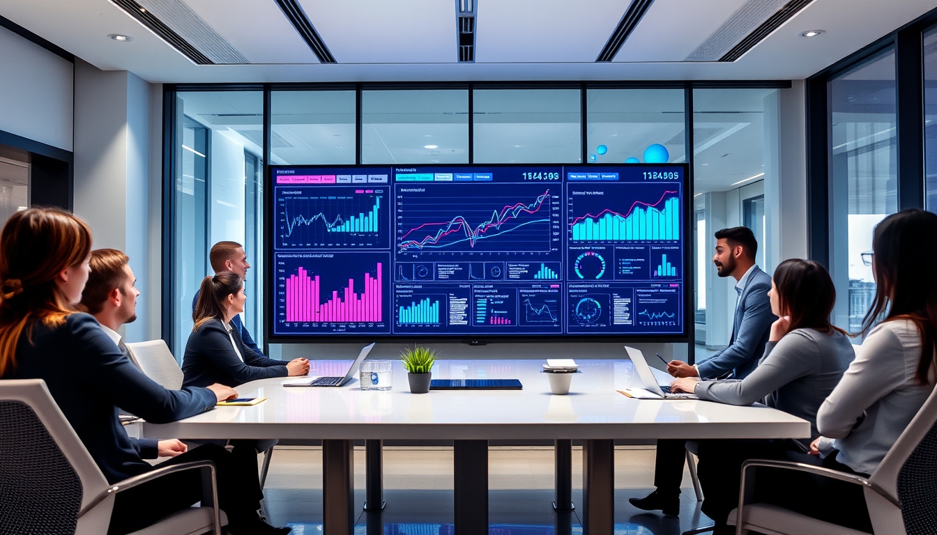 A sleek, modern office with a large digital screen displaying data analytics, surrounded by professionals engaged in discussion.