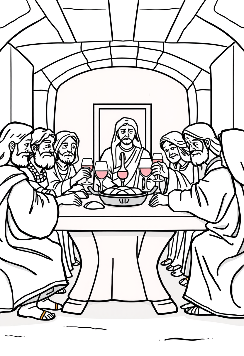 Depict the Last Supper with Jesus and his disciples gathered around a table, sharing bread and wine in a solemn atmosphere. A coloring book page, cartoon style, thick lines, low details, no shading. - Image