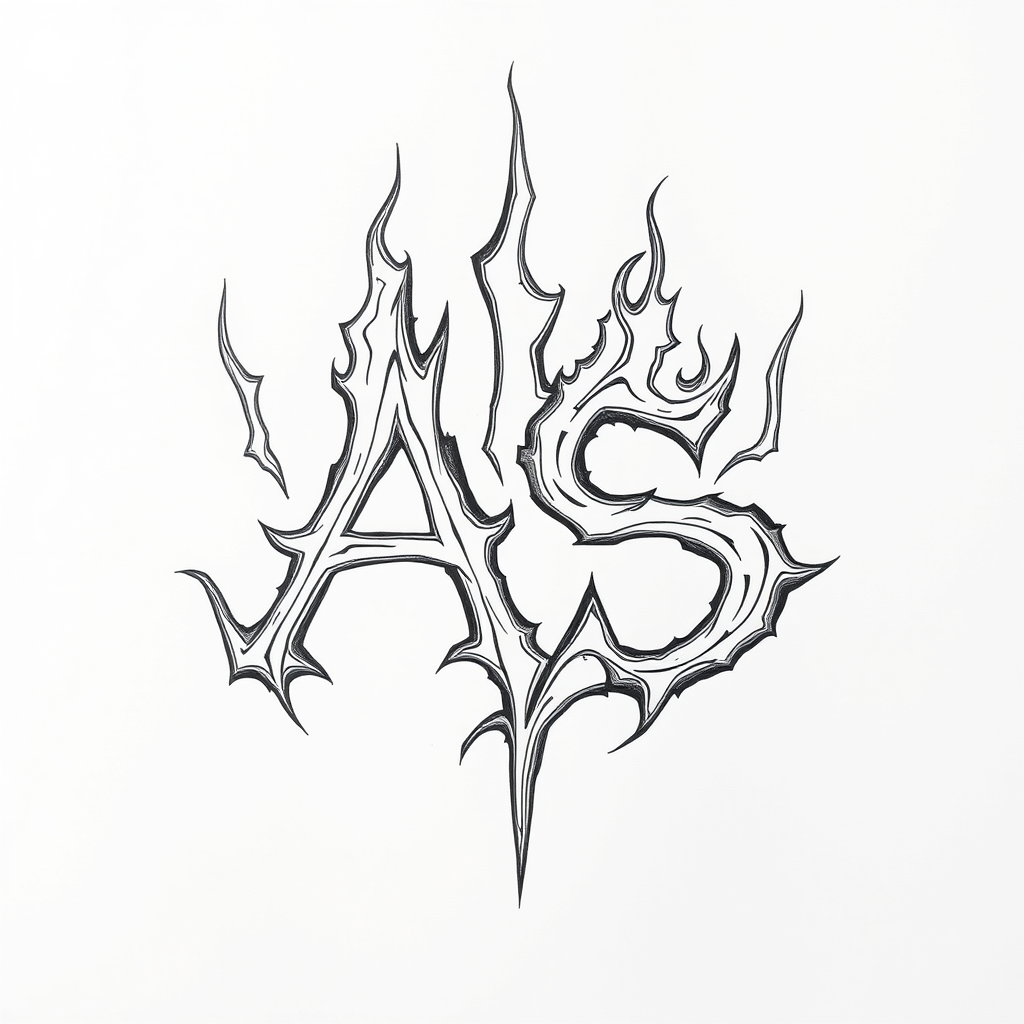 Intricately hand-drawn masculine demonic signature for initials AS, with flame-like strokes intertwining to form letters.