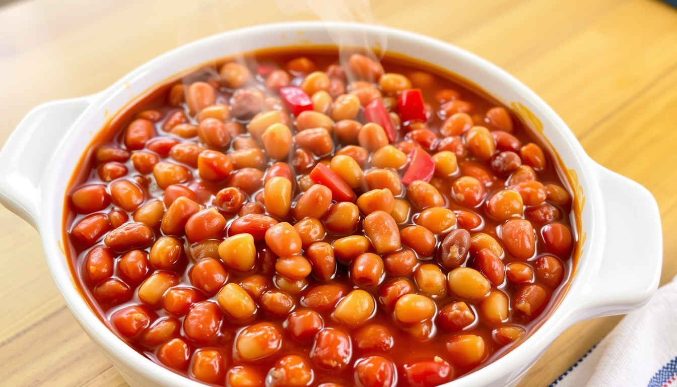 Steaming Hot Baked Beans in a White Dish on a Wooden Table - Image