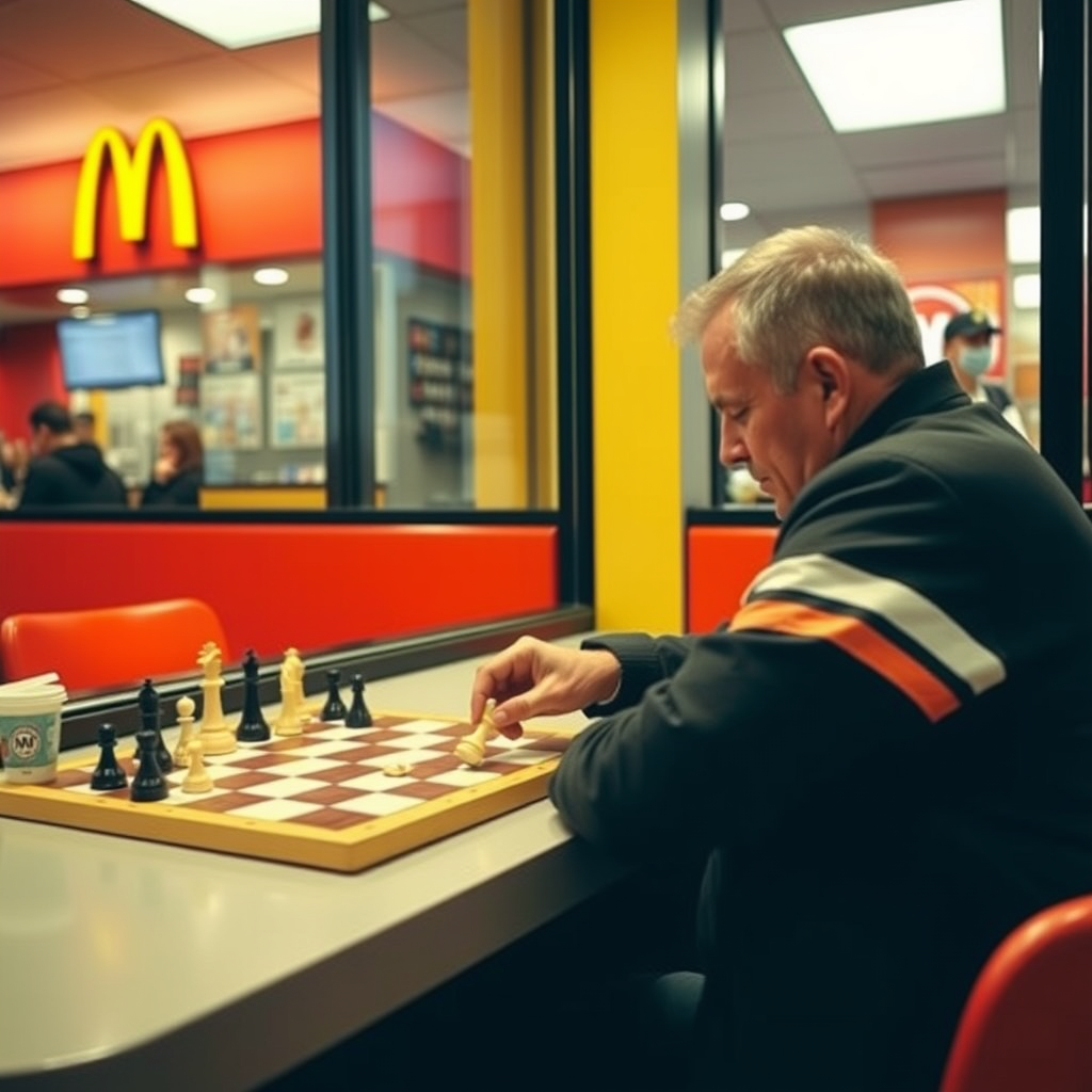 A man playing chess inside McDonald's. - Image