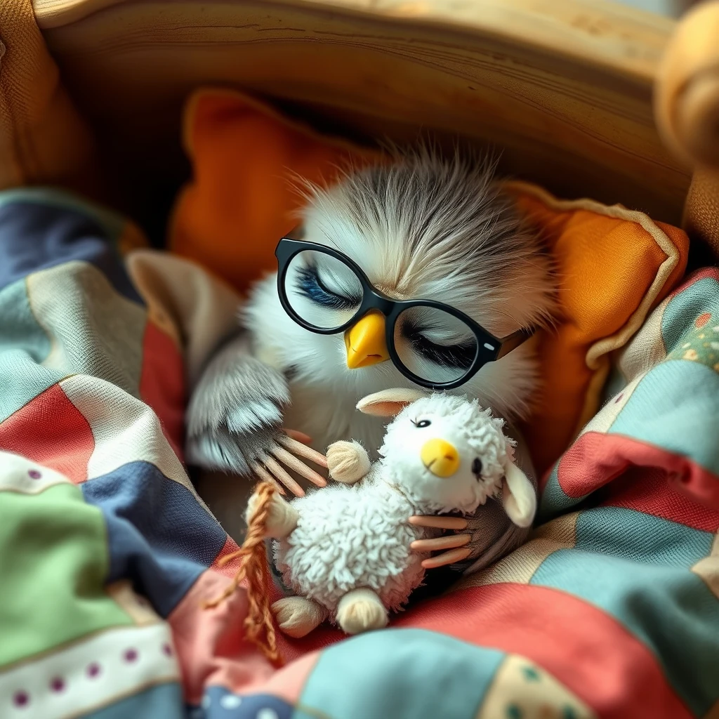 Sweet little bird with glasses sleeping in its little bed with patchwork blankets, hugging a tiny cute stuffed sheep.