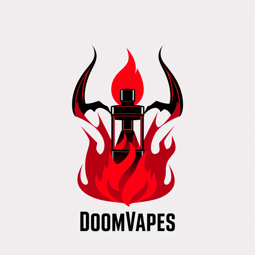 Sleek, minimalist logo design for DoomVapes featuring a stylized vape tank engulfed in ethereal, crimson flames. Infernal aesthetics blend with modern simplicity. Geometric shapes evoke demonic symbolism. Bold, sans-serif typography in obsidian black. Balanced composition with negative space suggesting otherworldly vapors. - Image