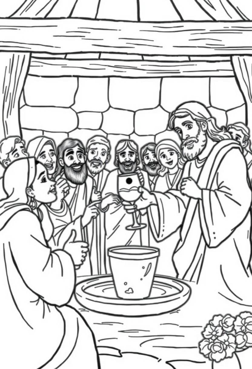 Create a scene of Jesus at the wedding in Cana, turning water into wine, with amazed guests in the background. a coloring book page, cartoon style, thick lines, low details, no shading.