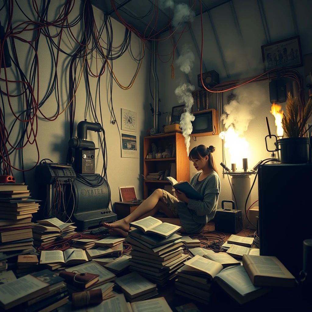 A real-life photograph, wide shot, of a tall strong woman and a Japanese girl reading books in the corner of a room. The room has some books scattered messily, and many wires of varying thicknesses are on the floor and in the air, including red, blue, yellow, and other colors. Additionally, there are some machines emitting steam and fire. The lighting is dim, and there are some plants. - Image