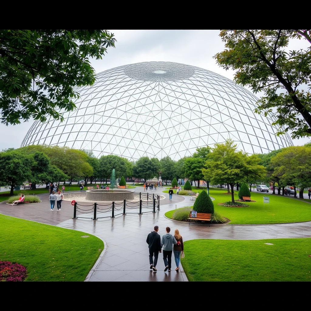 Outdoor park in the form of a dome, people peacefully strolling and relaxing in the park in any climate, rain or shine, hot or cold, in any weather.