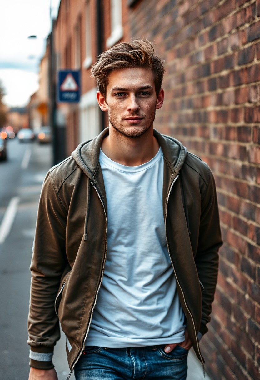 Jamie Dornan head and body shot, handsome, young, serious face, brown-haired, white T-shirt, college jacket, skinny jeans, sneakers, walking in a hot style, flirting face smile, near town road, hyper-realistic, street photography, brick wall, full body photo. - Image