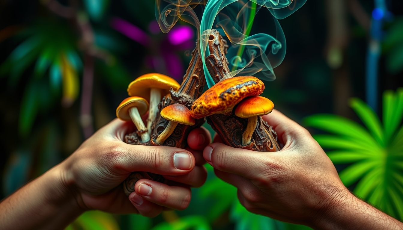 A close-up shot of their hands holding intricately carved pipes filled with psychedelic mushrooms. The texture of the mushrooms is vivid, and the smoke spirals upward, starting to take on a life of its own, with vibrant colors suggesting a transition into a psychedelic state. Surreal and vivid, combining the raw, untamed beauty of the Amazon Jungle with otherworldly psychedelic visuals and futuristic, neon-lit cyberpunk elements. - Image