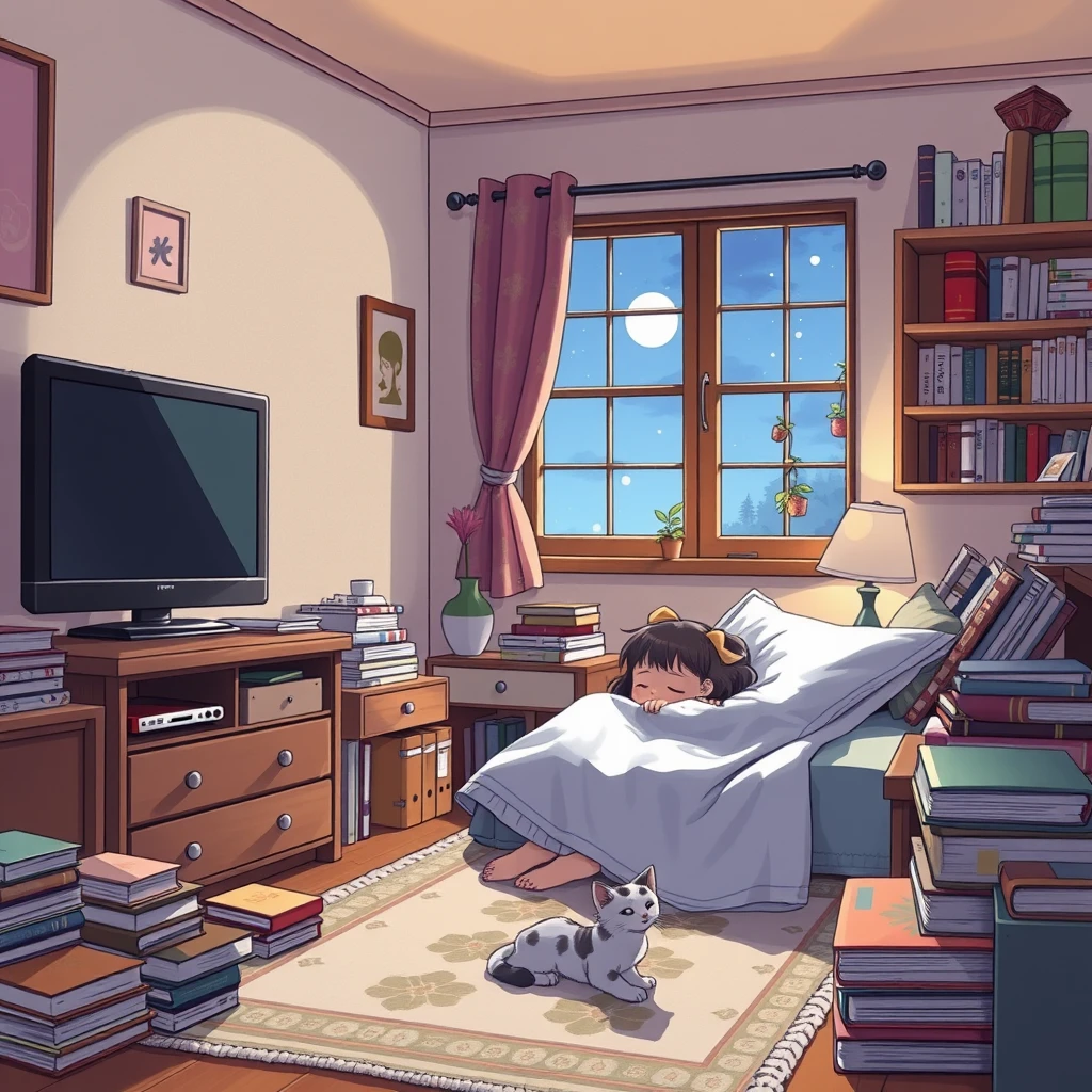 New Hayao Miyazaki style, Quality: 100. A little girl is sleeping in a room with a window, a TV, a lot of furniture, a lot of books and a kitten.