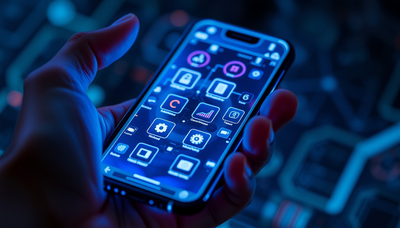 A close-up of a hand holding a futuristic smartphone, with holographic interfaces and glowing icons, set against a dark, tech-inspired background. - Image