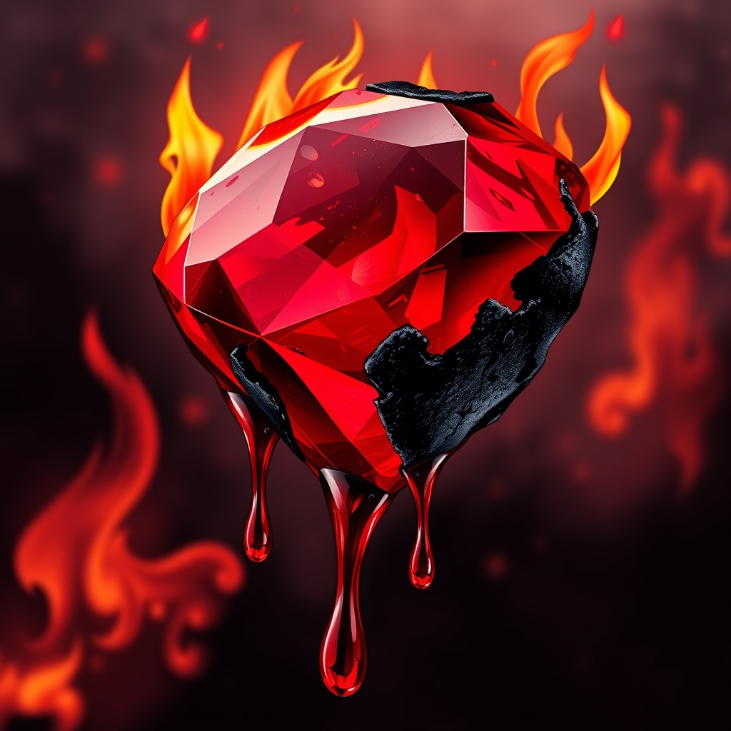 A tee shirt design of a beautiful ruby on fire with beautiful liquid red ruby dripping with flames. The ruby has black char all over it and subtle colorful embers burning in the ruby. Striking and otherworldly on a transparent background.