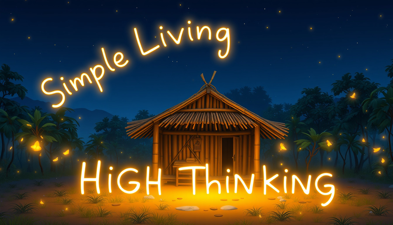 A humble bamboo hut in a clearing. Time-lapse shows day turning to night as glowing fireflies form the text "Simple Living, High Thinking" around the hut. 3D cartoon style.