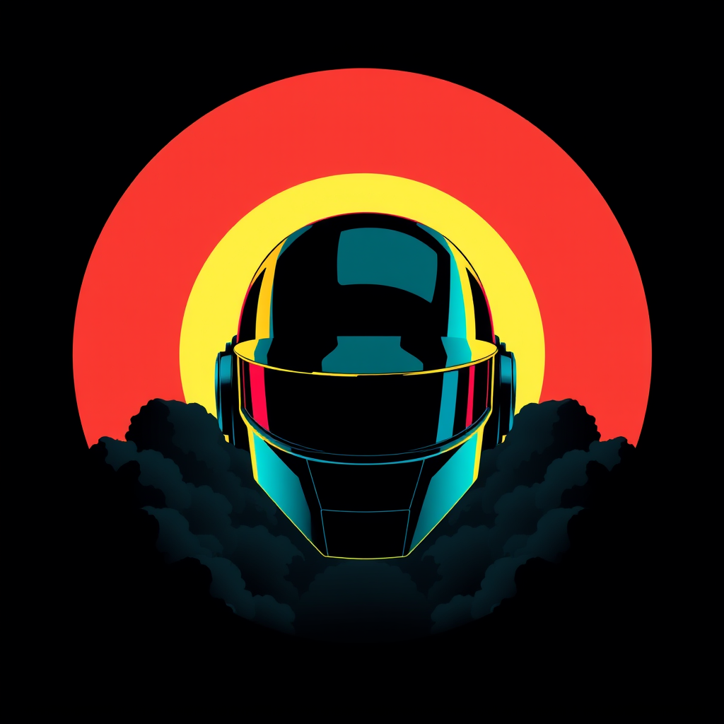 Daft Punk helmet in vector art style for a poster or T-shirt, featuring a large sun-like circle in the background, layered with dark grey clouds and an outrun color palette. The design includes black canvas, dark teal accents, and a sinister atmosphere, reminiscent of album art and CD cover artwork.