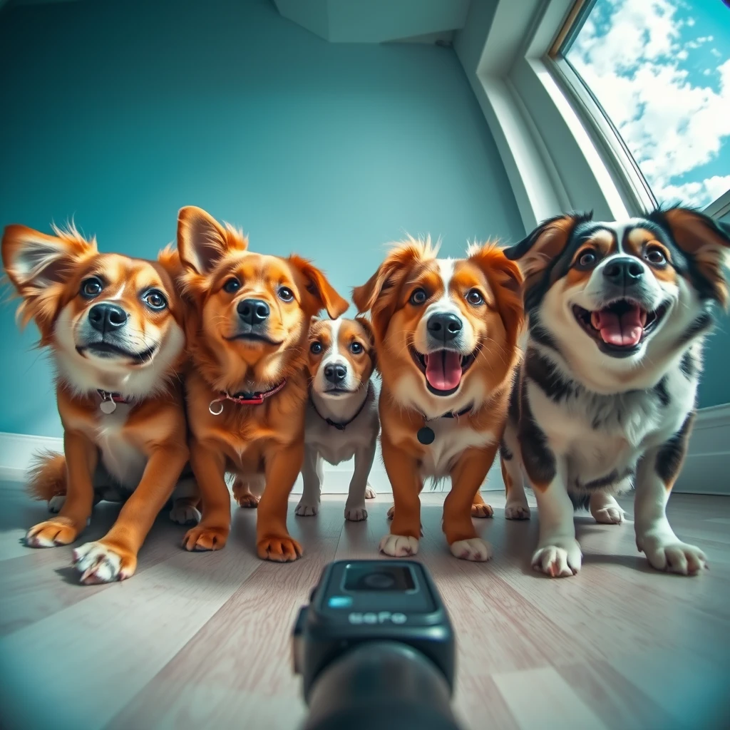 Humorous realism photography, rich in detail, playful and cute, high detail and realistic, high quality, 8k, 35mm lens f/1.8, vibrant colors, humorous, realistic, colorful, four dogs of different breeds are taking a selfie, a GoPro on the floor facing the sky, the dogs looking down, highly detailed macro photography, GoPro, clear details, realistic, sharp focus, high detail realism, vibrant colors, humorous, realistic, interesting, colorful.