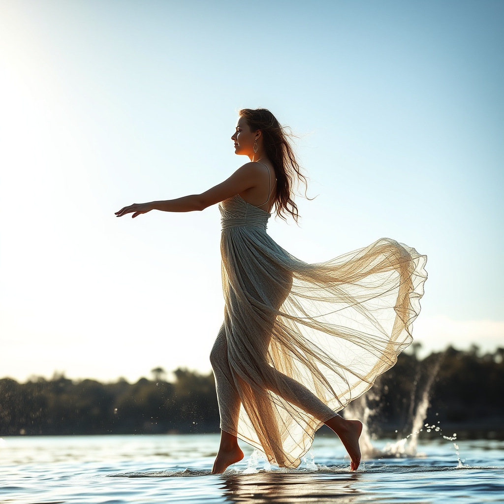 Riverside, dancing woman wearing a dress made of water, side view, full body view, strong light falls on her, water pours from the sky.