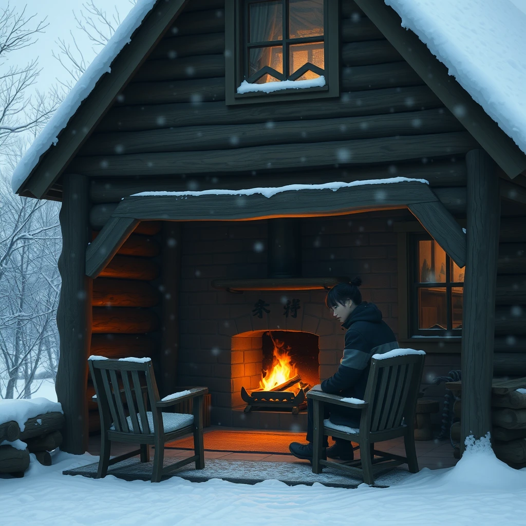 It is snowing outside. Inside the wooden house, there is a burning fireplace. In front of the fireplace, there are chairs, and someone is sitting on one of the chairs, with Chinese characters or Japanese.