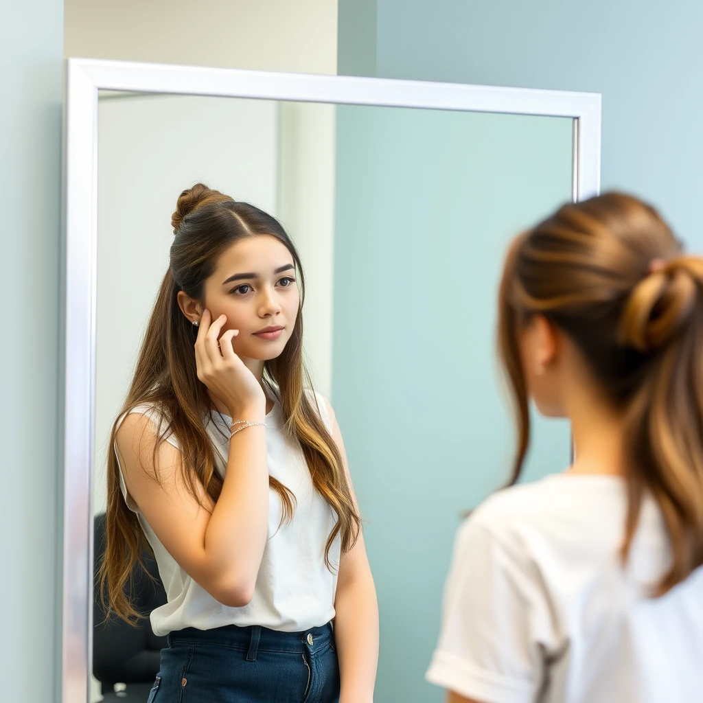 A female student is looking in the mirror. Notice that she is looking in a full-length mirror. - Image