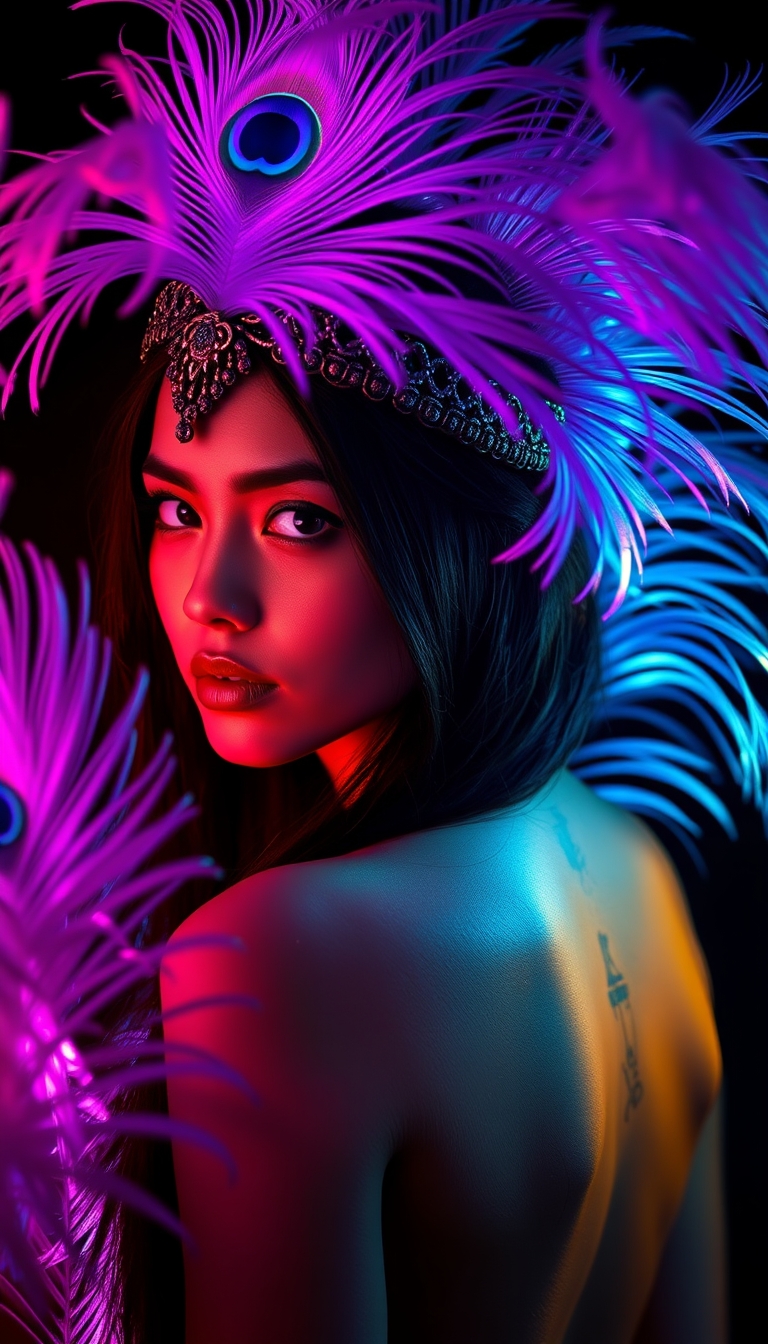 A portrait of a young woman in a dramatic, backlit setting, surrounded by vibrant, colorful peacock feathers. The woman has long, dark hair styled with an ornate headpiece, and a tattoo visible on her exposed back. The feathers are illuminated in shades of pink, blue, and purple, creating a mesmerizing, otherworldly atmosphere. The background is dark, allowing the feathers and the woman's features to be the focal point. Highly detailed, with a sense of movement and energy. Rendered in a photorealistic style. - Image