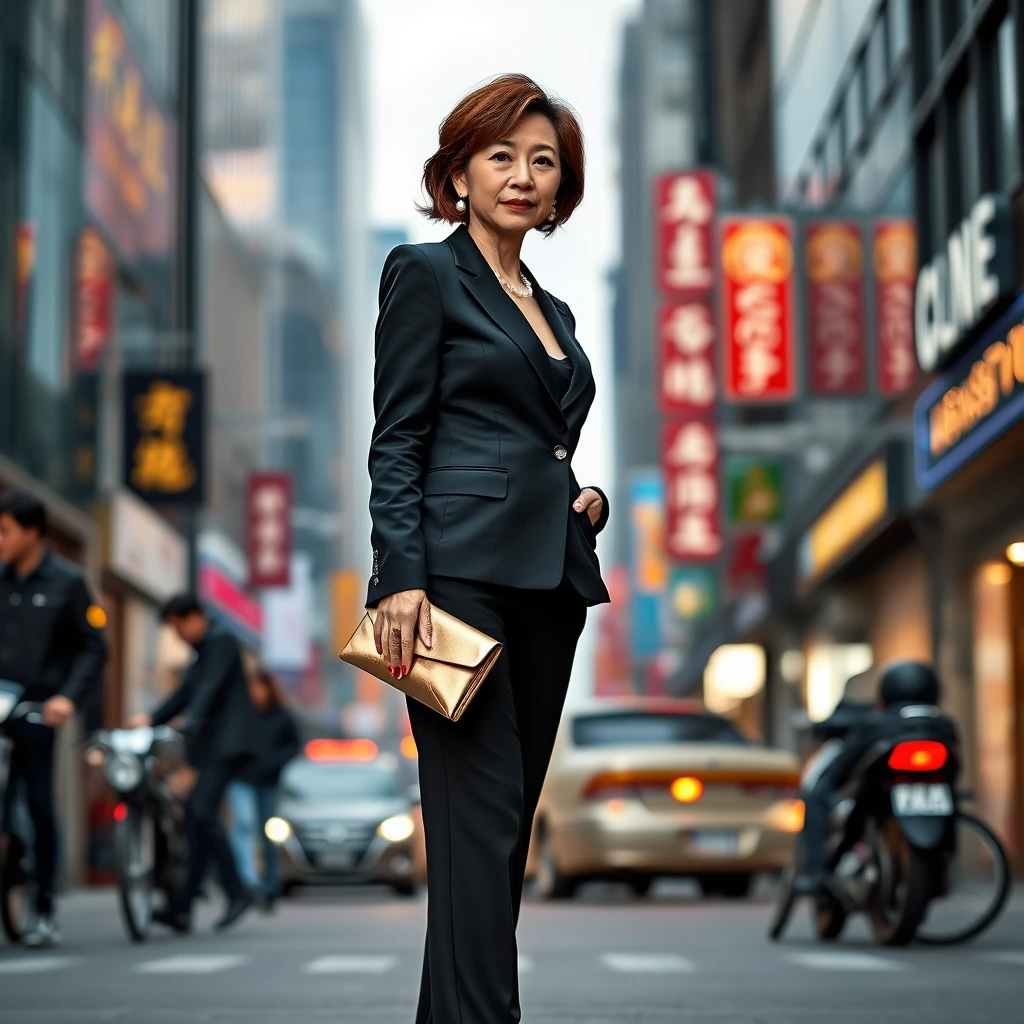 30-year-old long-legged middle-aged Chinese woman, wearing a loose Mia Cat, stands in a busy street, dressed in a small black suit and high-waisted pants, holding a metallic clutch bag, with sparkling pearl earrings, against a backdrop of skyscrapers and neon lights, showcasing a strong sense of urban fashion.