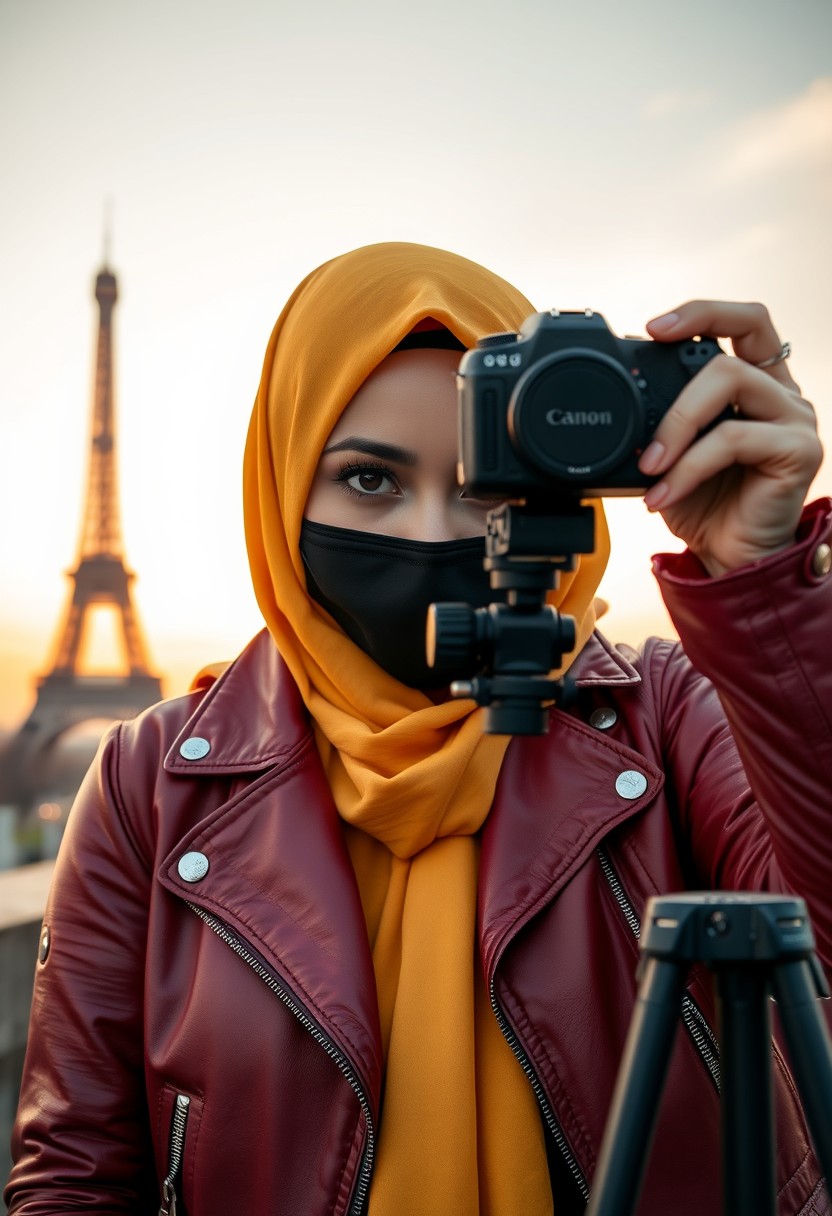 Biggest hijab yellow Muslim girl, beautiful eyes, face mask black, red leather jacket, black biggest skirt, camera dslr CANON, tripod, taking photo Eiffel Tower, sunrise, morning scenery, Eiffel Tower, hyper realistic, street photography. - Image