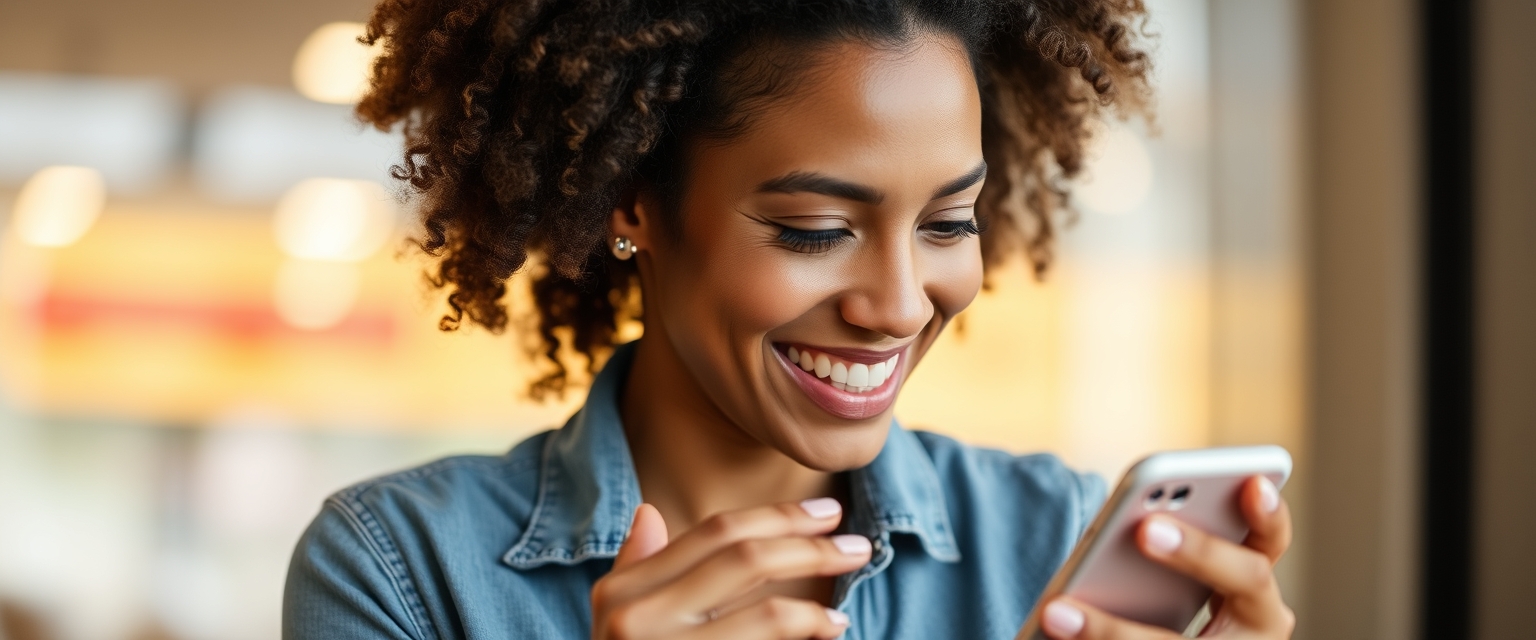 A woman is smiling while playing on her mobile phone, looking happy.