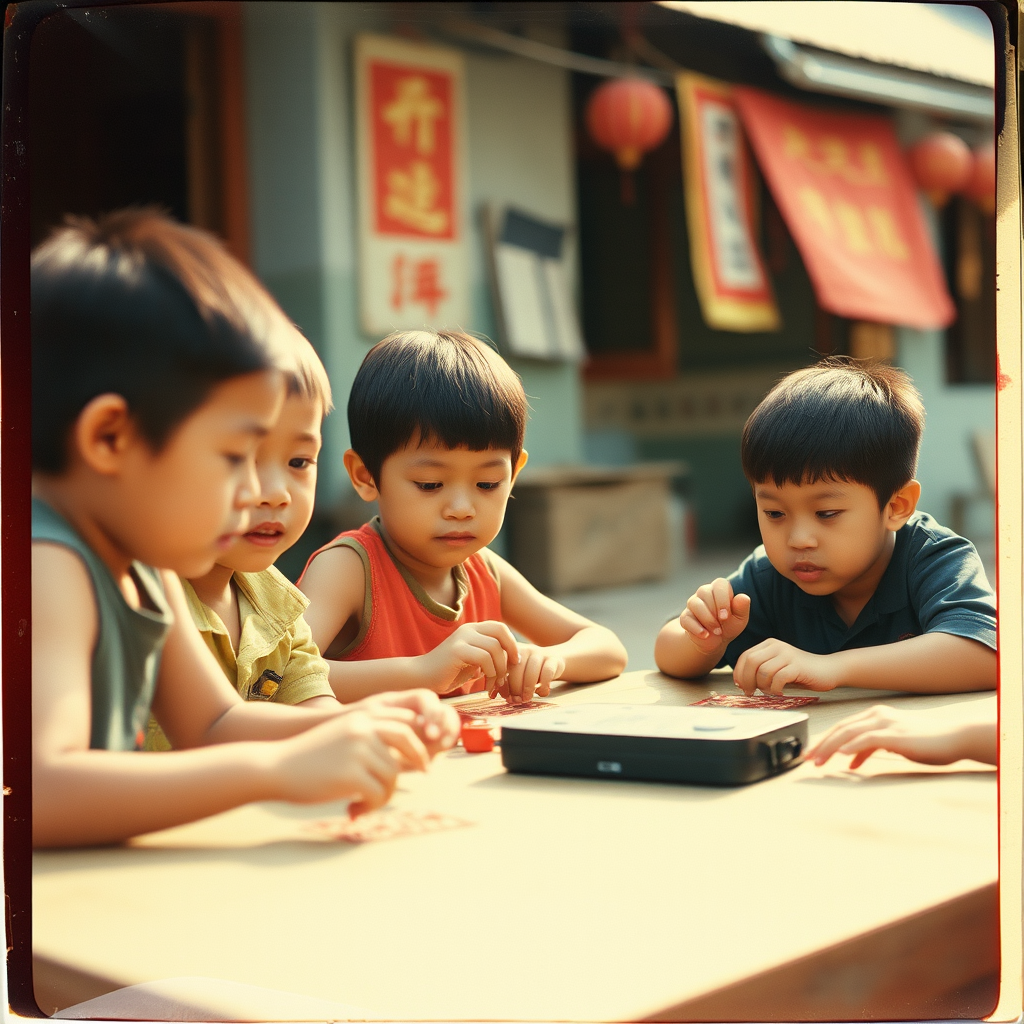 China in the 1980s. Children playing multiplayer games. Summer. Ultra-detailed portrait. Grainy film with light leaks. Polaroid photo with slightly peeling edges.