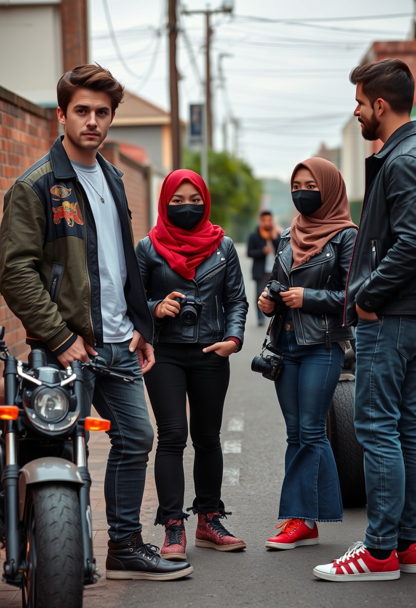 Jamie Dornan and Freddie Prinze, head and body shot, handsome, young, serious face, dark brown hair, white T-shirt, collaged jacket, skinny jeans, sneakers, standing, discussing with two guys and a young Muslim girl wearing a short red hijab, beautiful eyes, black face mask, black leather jacket, bell-bottom jeans, red sneakers, holding a Canon DSLR camera, near a town road, superbike, hyper-realistic, street photography, brick wall, full-body photo, three other random friends in the back.