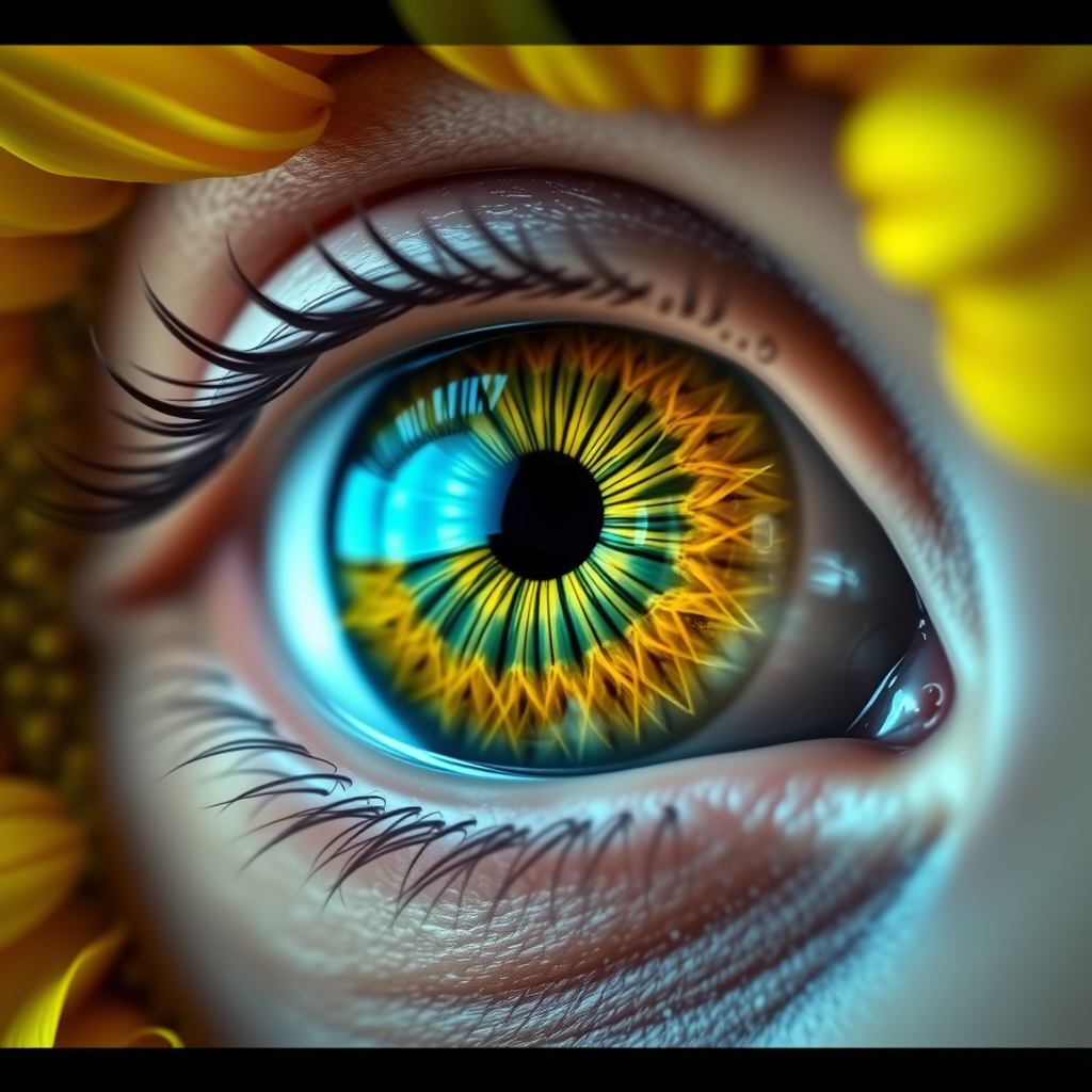 An ultra-realistic digital art depiction of an eye with a vibrant green and brown iris, surrounded by sunflower petals, showcasing intricate details in the textures and colors. Focus on face --ar 85128.