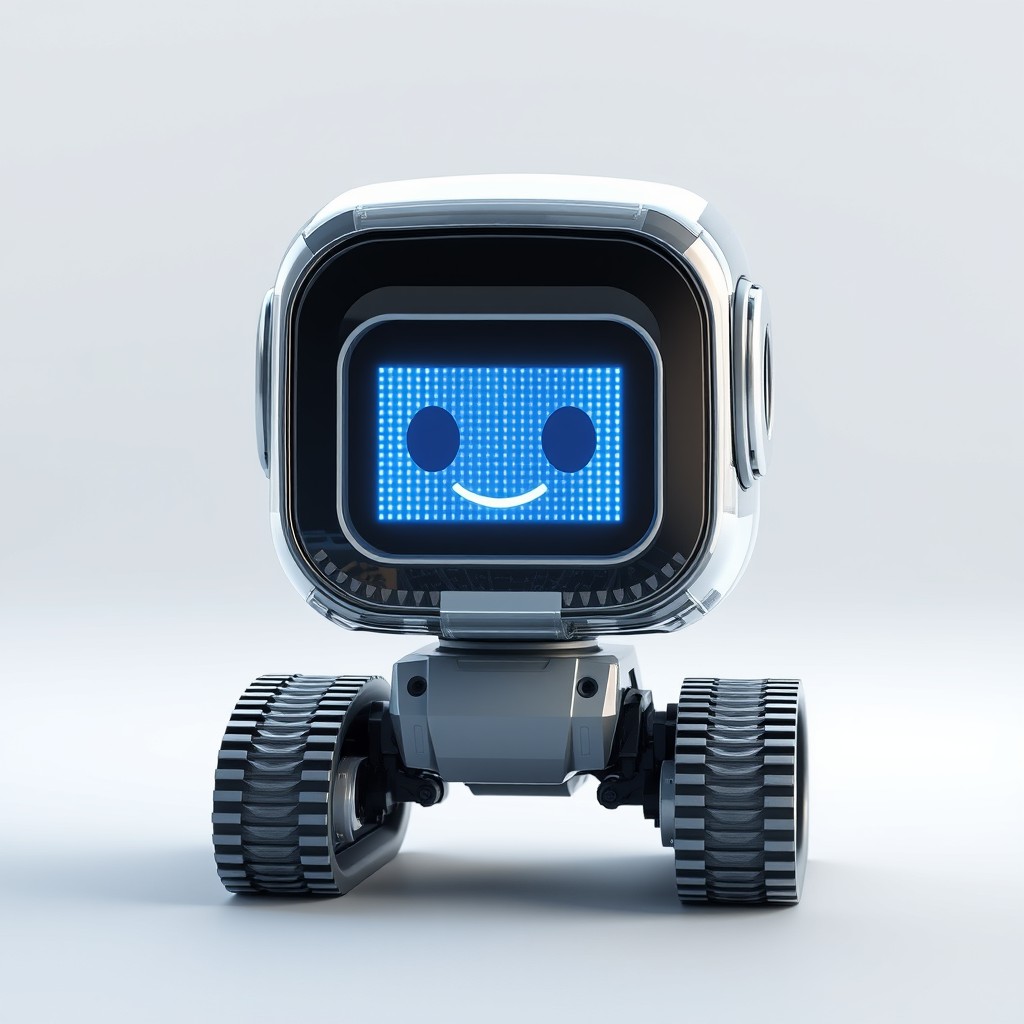 Cute aesthetic, a (small and cute semi-transparent triangular tracked robot) with an LED screen face, emoticon, stunning unreal engine render, intricate details, Simple Background.