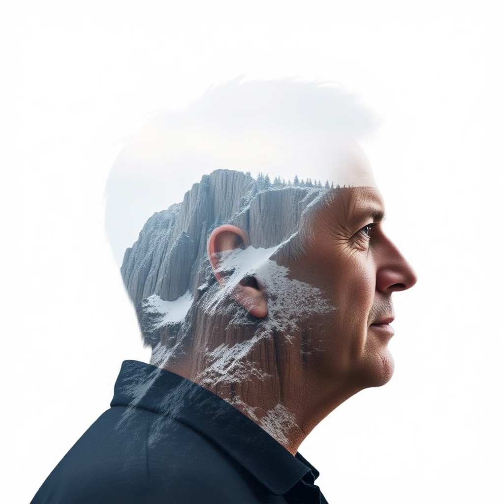 "[An abstract style of a snow-covered cliff] within the [head silhouette of a middle-aged man], this is a double exposure photo. Non-figurative, colors and shapes, emotional expression, imaginative, very detailed." - Image