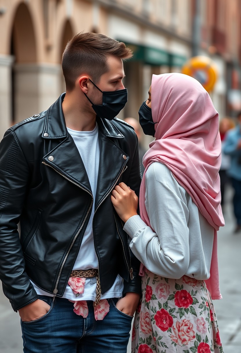 Jamie Dornan's head and body shot, handsome, young, shaved, white T-shirt, blue jacket, jeans, dating love with the biggest soft pink hijab, black leather jacket, black face mask, biggest floral skirt, hyper-realistic, street photography.