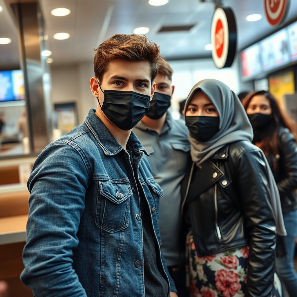 Jamie Dornan's head and body shot, handsome, young, black face mask, blue denim jacket, jeans, dating a Muslim girl with a grey hijab, beautiful eyes, black face mask, black leather jacket, biggest floral skirt, at a fast food restaurant, with three other friends smiling in the background, photorealistic, hyper-realistic, street photography, selfie.