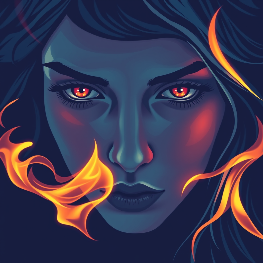 A tee shirt design of a close-up of a woman's face, inspired by the sun. Her expression is deep and soulful, reflecting both passion and sadness. Her eyes are intense and filled with emotion. The color palette is cool, featuring deep blues and purples, with a hint of warmth in her eyes. Whipping flames accent her face, blending seamlessly into the background, creating a contrast between the cool and warm tones. The overall feel is a harmonious blend of passion and melancholy, embodying the soulful essence of the sun. Transparent background.