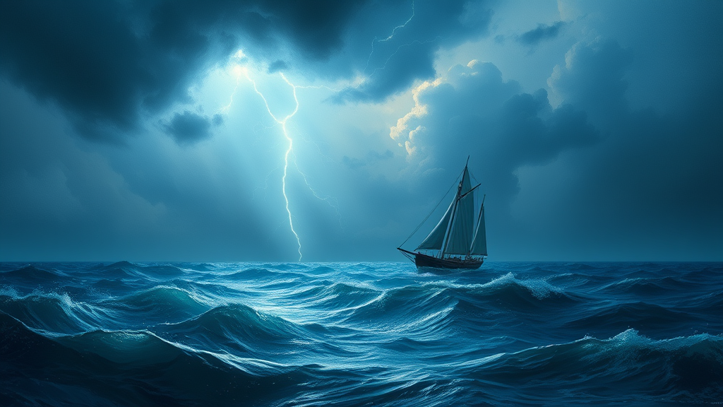 A sailboat in the middle of the ocean with a lightning bolt coming from the sky, inspired by Ivan Aivazovsky, romanticism, Shutterstock, storm at sea, a ship lost in a storm, in a storm, a violent storm at sea, wild ocean storm at night, storm of all storms, blue tone, pastel color.