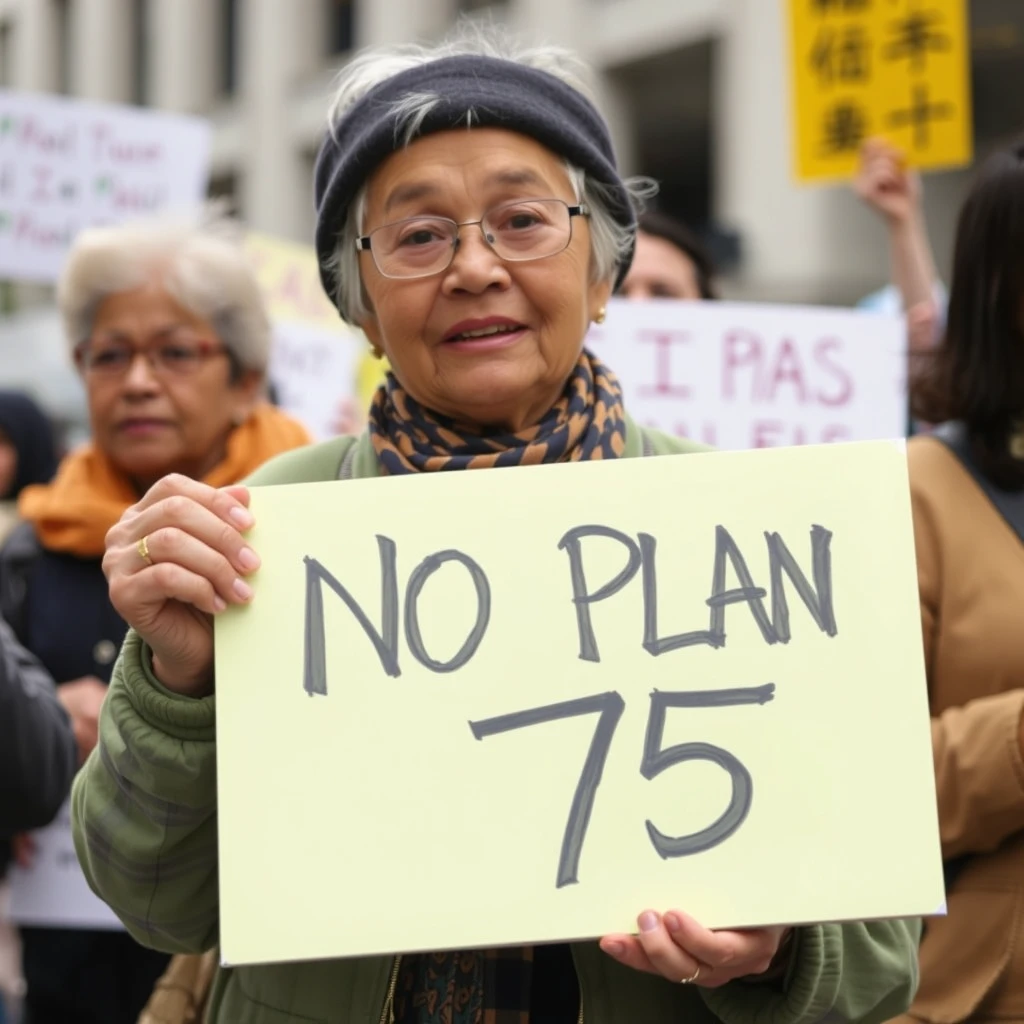 "Protester, Asisa elder people, showing campaign writing 'NO PLAN 75' on hand board." - Image