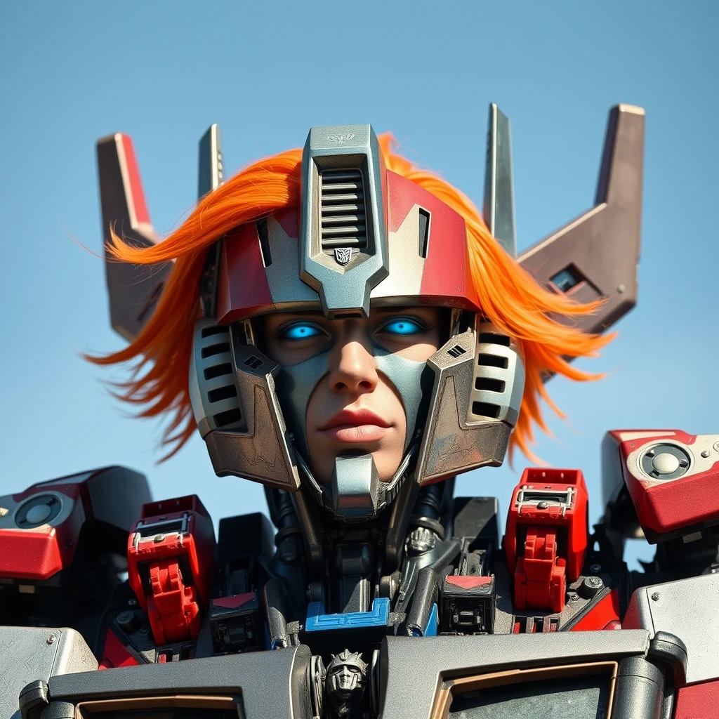 Optimus Prime with a human head, everything is robotic but there is literally a human head with orange hair that he's wearing. - Image