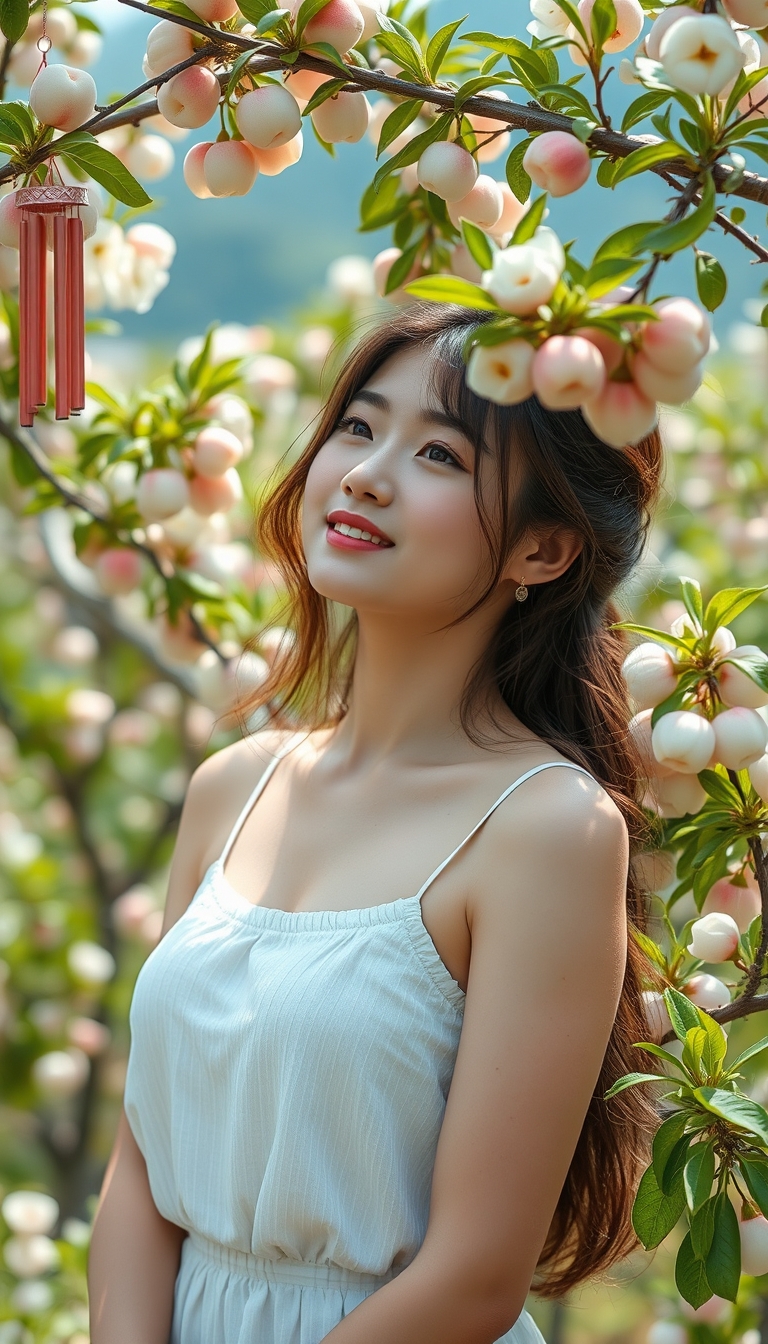 "Summer landscapes of Japan  
A beautiful woman enjoying white peaches, wind chimes, camisole, Japanese idol,  
nostalgic, photorealistic, RAW, HD, 8K" - Image