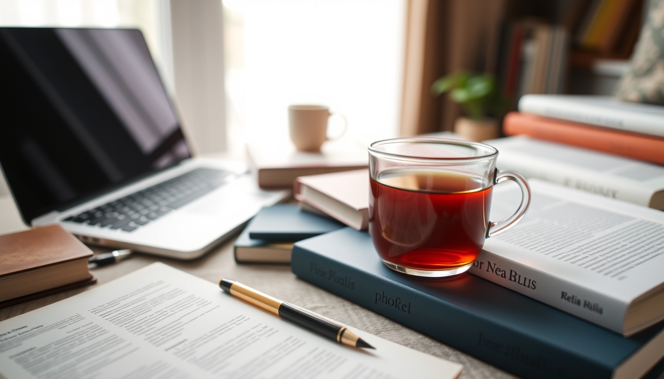 A cozy home study setup with a laptop, textbooks, and a cup of tea, emphasizing the comfort and flexibility of online education.