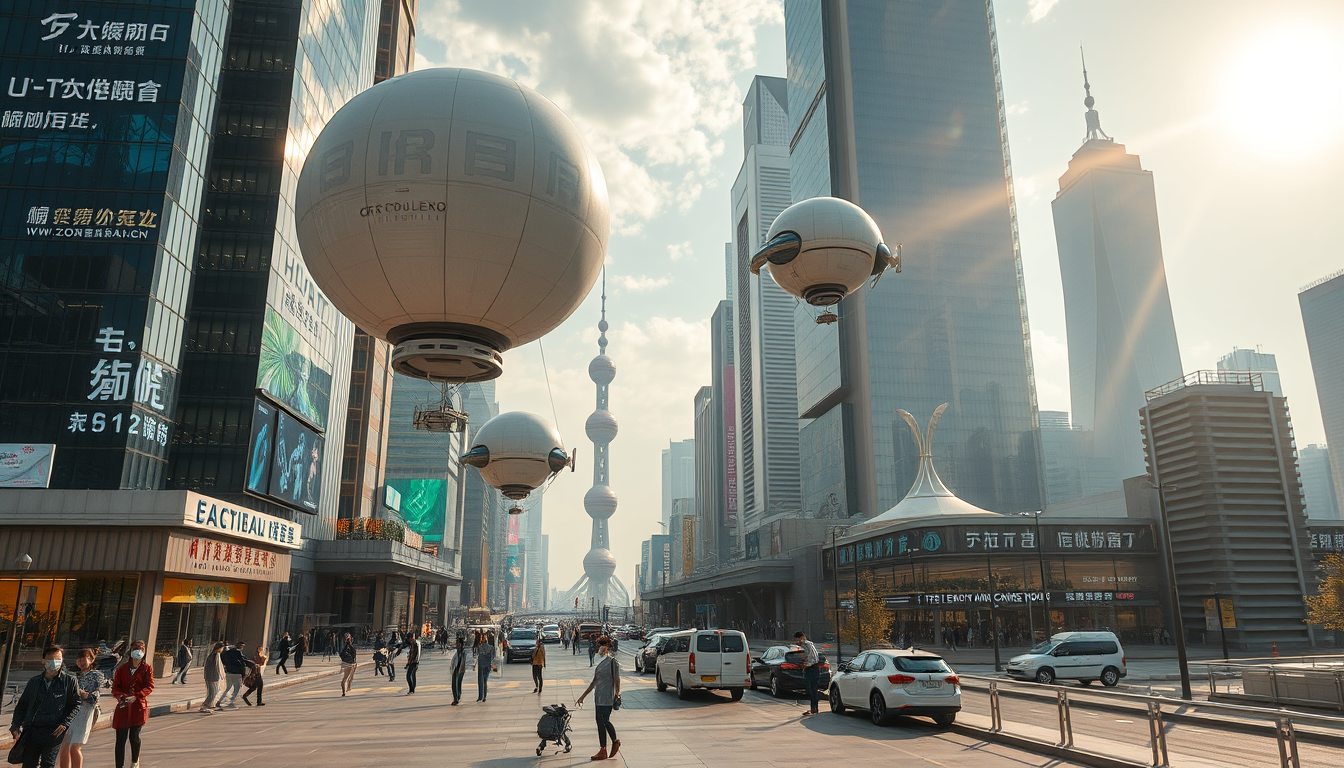 Create a stunning high-resolution image of a futuristic Shanghai city. The skyline should be covered with towering skyscrapers adorned with neon lights and holographic adverts. Include balloon-type robots zipping through the air. The streets should be bustling with people wearing fashion-forward fashions and robots assisting people in their daily activities. Highlight the balloon-type robots, performing their rounds in the sky, with beautiful sunlight reflecting on the glass surfaces of the buildings, creating an atmosphere of excitement and innovation.