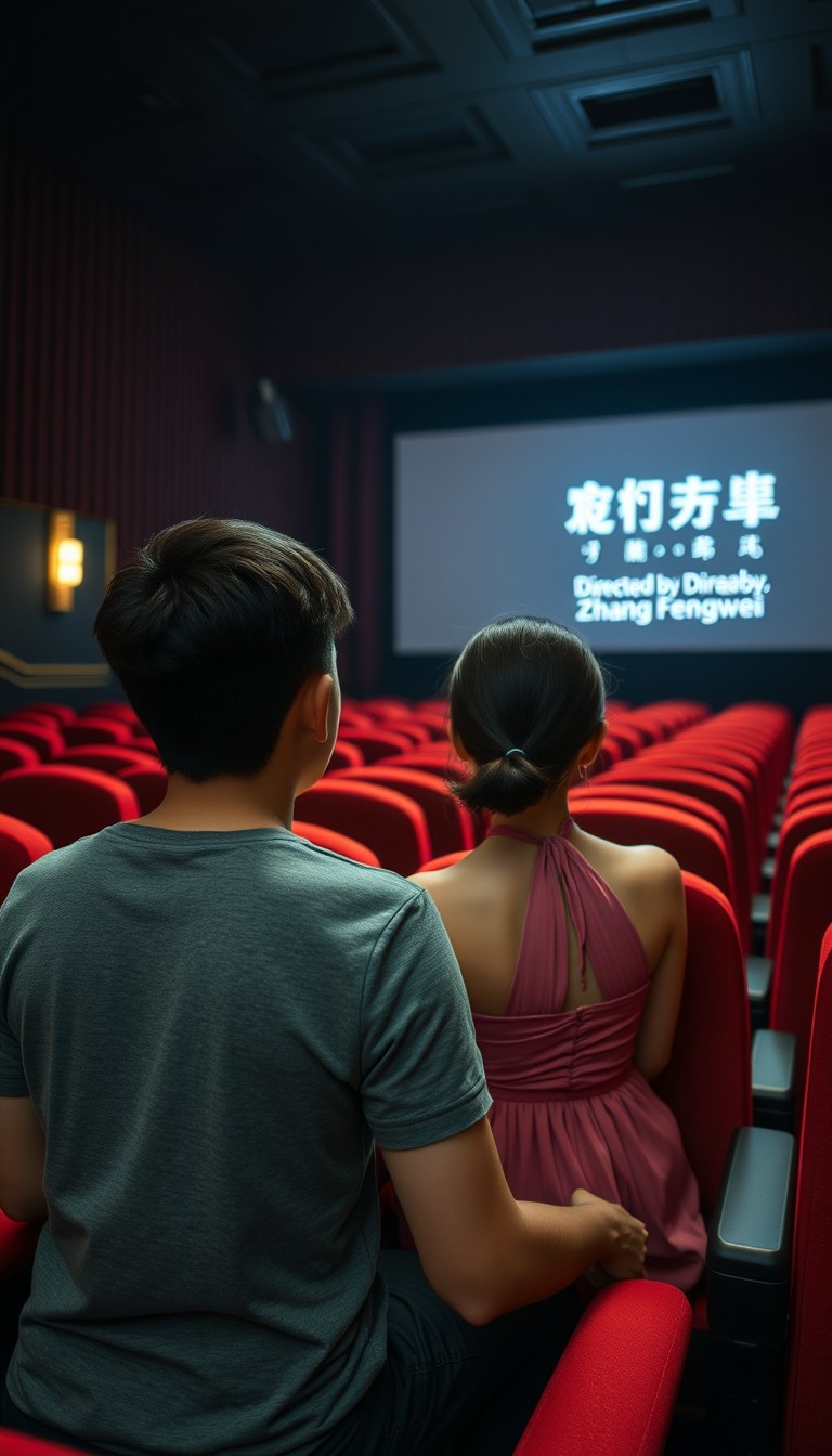 In a dimly lit theater, a young Chinese man and woman are sitting in their seats watching a movie. The boy is wearing a gray short-sleeved T-shirt, while the girl, who has fair skin, is in a pink halter dress and wearing a hairpiece. All the seats in the theater are red, and on the big screen, it only says, "Directed by Zhang Fengwei." This scene is depicted from the rear view and is extremely realistic. - Image