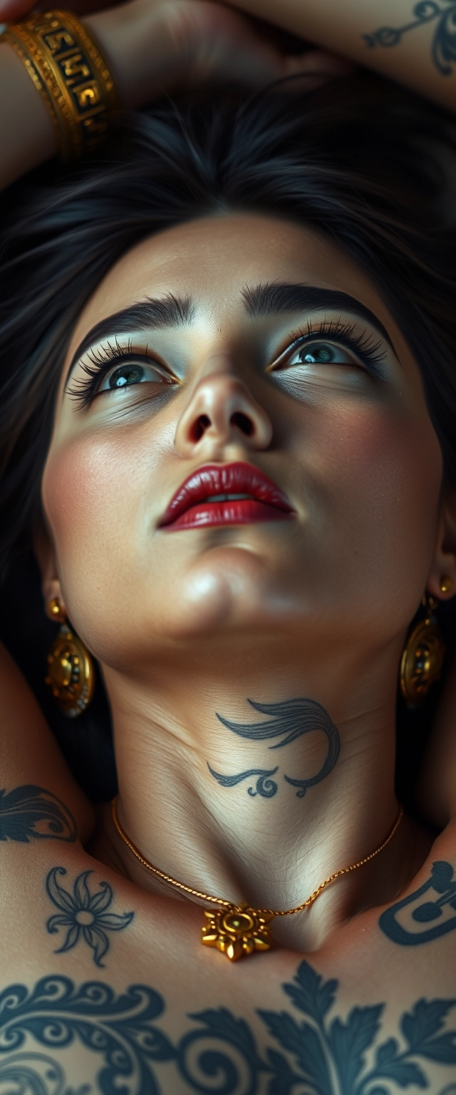 Close-up shot of the tattooed body of a white-skinned Indian Korean woman with beautiful facial features and jawline, and blue eyes, wearing gold ornaments, looking upwards while lying down sideways.