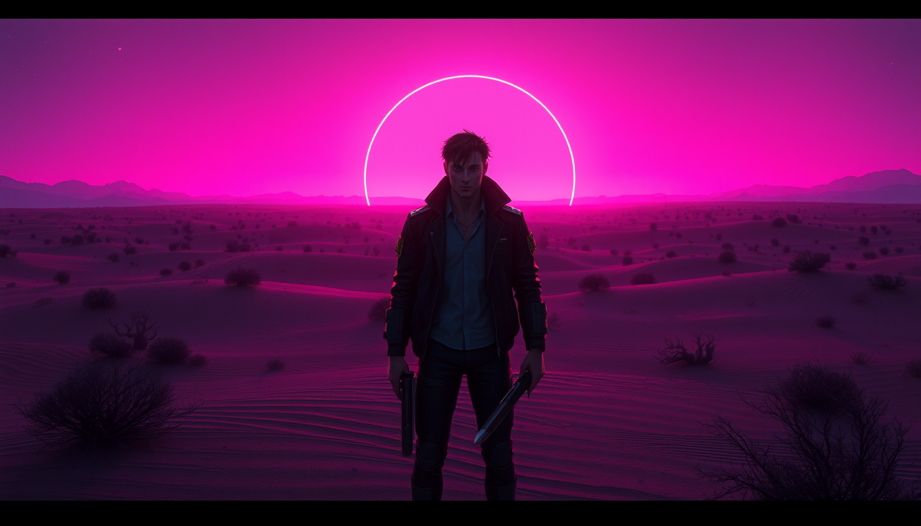 Realistic man standing in a cyberpunk high desert digital art, trending on ArtStation, neon.